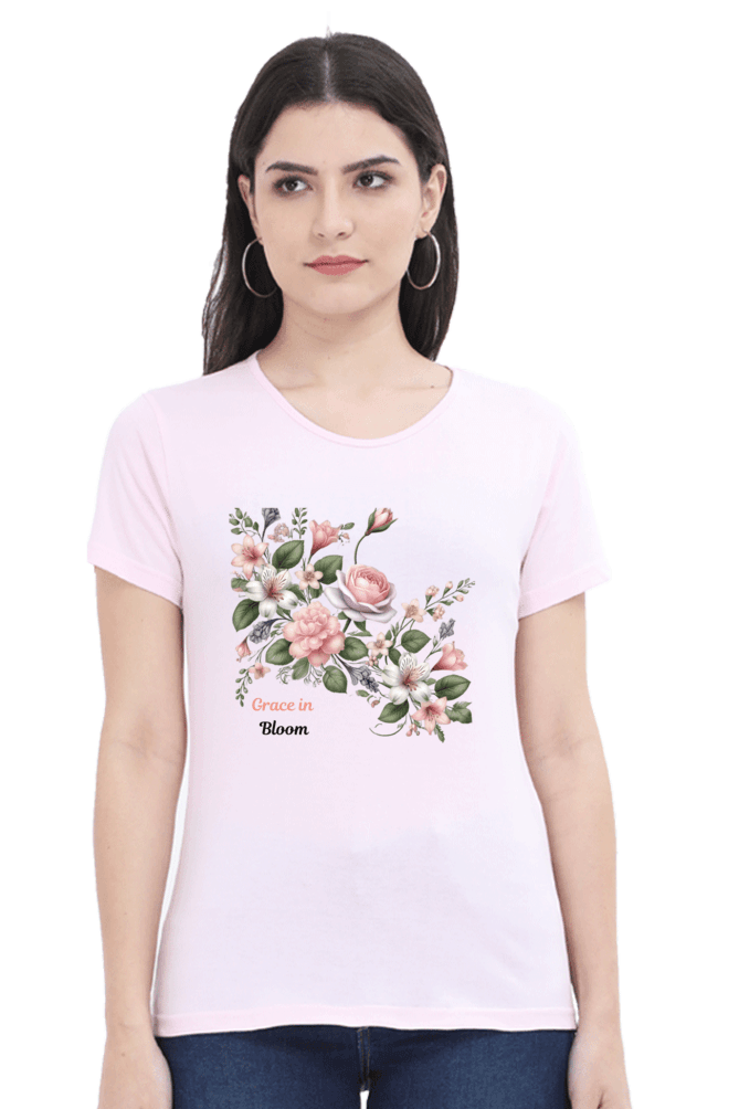 Light Baby Pink Grace in Bloom – Women’s Round Neck Half Sleeve T-Shirt