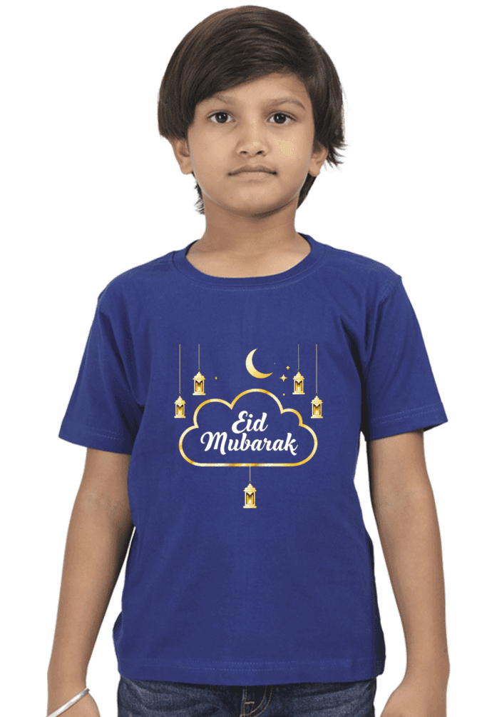 Royal Blue Eid Mubarak Classic Crew T-Shirt for Boys Black & Royal Blue