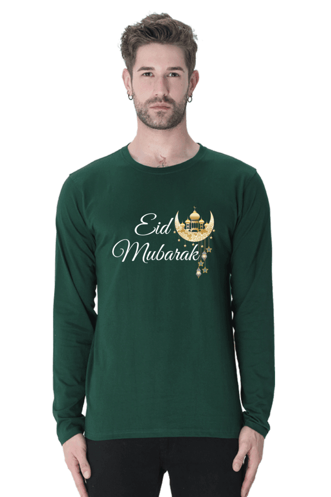 Bottle Green Eid Mubarak T-Shirt for Men Full Sleeve Black & Bottle Green