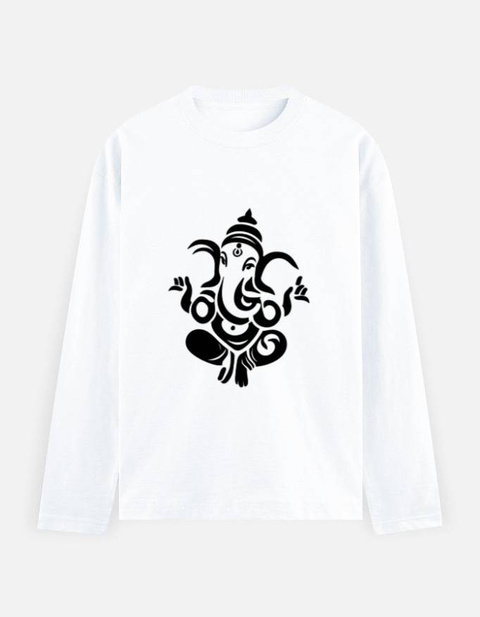 Front_1_c_1-2.jpg Full Sleeve Ganesha Design T-Shirt 100% Cotton Regular Fit White