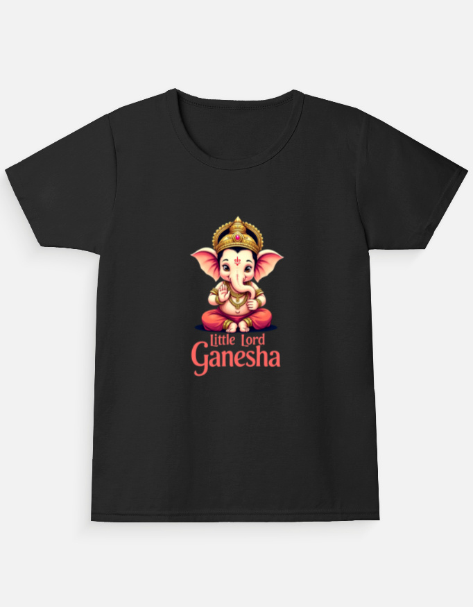 black Little Lord Ganesha Girls T-Shirt 100% Cotton Crew Neck Tee 0–13 Years black