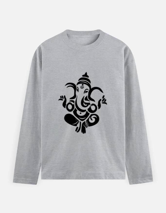 Front_1_c_4.jpg Full Sleeve Ganesha Design T-Shirt 100% Cotton Regular Fit Grey