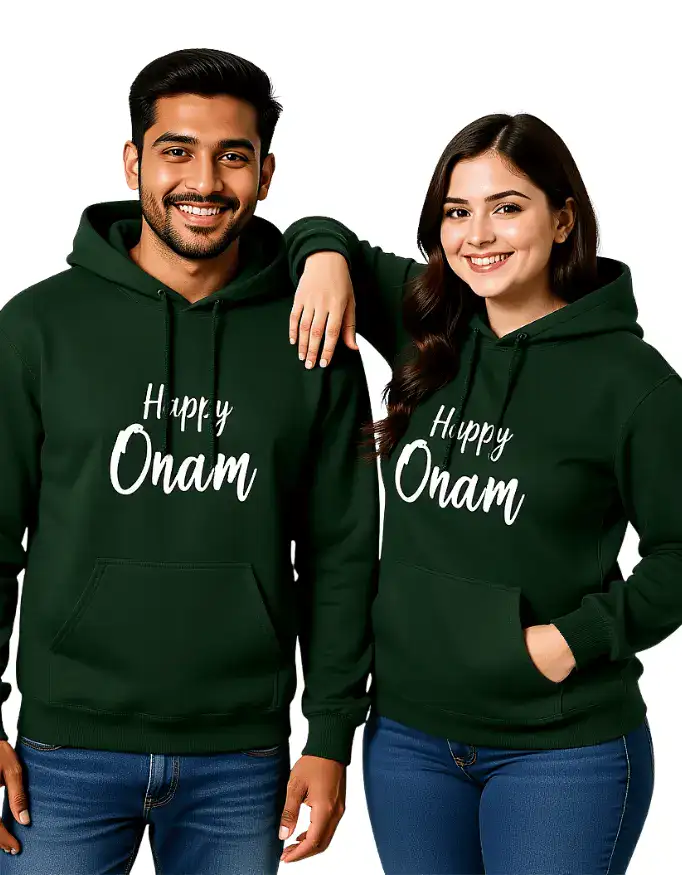 Happy Onam Hoodie Unisex Cotton Fleece Sweatshirt - bottle green Happy Onam Unisex Hoodie Cotton Fleece Sweatshirt - bottle green