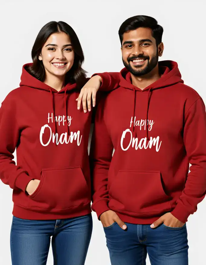 Happy Onam Hoodie Unisex Cotton Fleece Sweatshirt - red Happy Onam Unisex Hoodie Cotton Fleece Sweatshirt -red
