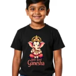 Boy Model wearing Little Lord Ganesha Boys T-Shirt 100% Cotton Crew Neck Tee 0–13 Years Black