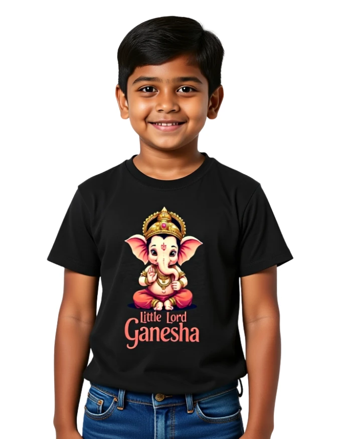 Little Lord Ganesha Boys T-Shirt 100% Cotton Crew Neck Tee 0–13 Years Black Boy Model wearing Little Lord Ganesha Boys T-Shirt 100% Cotton Crew Neck Tee 0–13 Years Black