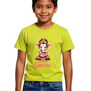 Boy Model wearing Little Lord Ganesha Boys T-Shirt 100% Cotton Crew Neck Tee 0–13 Years New Yellow