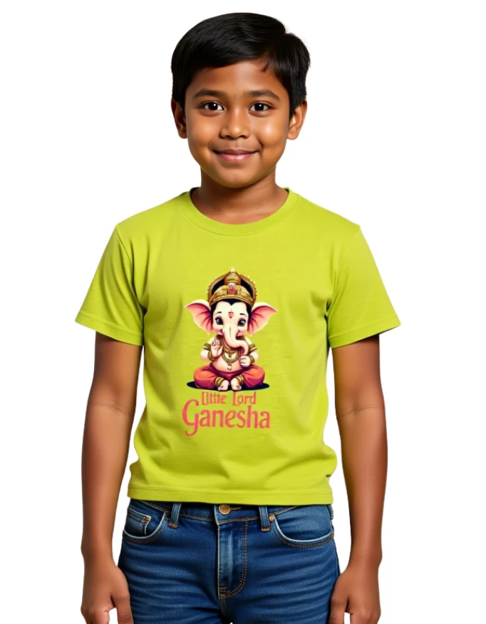 Little Lord Ganesha Boys T-Shirt 100% Cotton Crew Neck Tee 0–13 Years New Yellow Boy Model wearing Little Lord Ganesha Boys T-Shirt 100% Cotton Crew Neck Tee 0–13 Years New Yellow