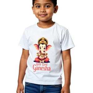 Boy Model wearing Little Lord Ganesha Boys T-Shirt 100% Cotton Crew Neck Tee 0–13 Years White