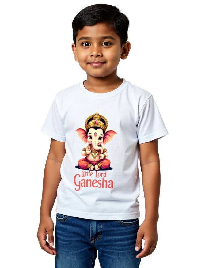 Little Lord Ganesha Boys T-Shirt 100% Cotton Crew Neck Tee 0–13 Years White Boy Model wearing Little Lord Ganesha Boys T-Shirt 100% Cotton Crew Neck Tee 0–13 Years White