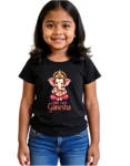 Girl Model wearing Little Lord Ganesha Girls T-Shirt 100% Cotton Crew Neck Tee 0–13 Years black