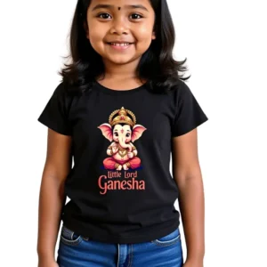 Girl Model wearing Little Lord Ganesha Girls T-Shirt 100% Cotton Crew Neck Tee 0–13 Years black