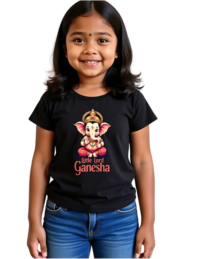 Little Lord Ganesha Girls T-Shirt 100% Cotton Crew Neck Tee 0–13 Years black Girl Model wearing Little Lord Ganesha Girls T-Shirt 100% Cotton Crew Neck Tee 0–13 Years black