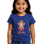 Girl Model wearing Little Lord Ganesha Girls T-Shirt 100% Cotton Crew Neck Tee 0–13 Years Royal Blue