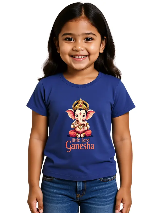 Little Lord Ganesha Girls T-Shirt 100% Cotton Crew Neck Tee 0–13 Years Royal blue Girl Model wearing Little Lord Ganesha Girls T-Shirt 100% Cotton Crew Neck Tee 0–13 Years Royal Blue