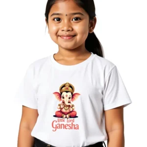 Girl Model wearing Little Lord Ganesha Girls T-Shirt 100% Cotton Crew Neck Tee 0–13 Years white