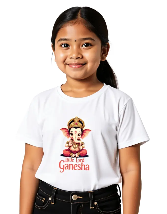 Little Lord Ganesha Girls T-Shirt 100% Cotton Crew Neck Tee 0–13 Years white Girl Model wearing Little Lord Ganesha Girls T-Shirt 100% Cotton Crew Neck Tee 0–13 Years white