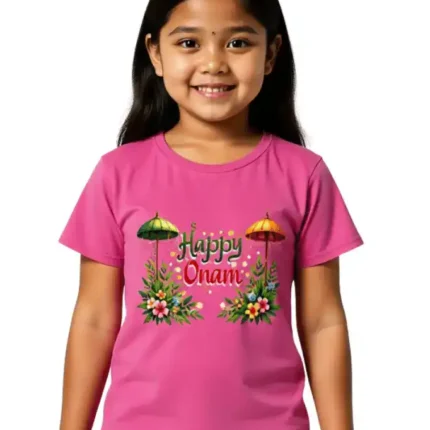 Vyretti-Happy Onam Girls T-Shirt White & Pink 0–13 Years - Pink