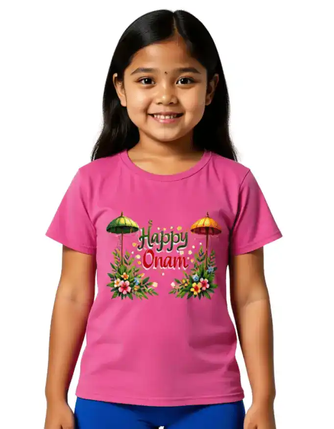 Vyretti-Happy Onam Girls T-Shirt White & Pink 0–13 Years - pink Vyretti-Happy Onam Girls T-Shirt White & Pink 0–13 Years - Pink