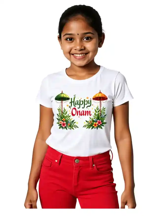 Vyretti-Happy Onam Girls T-Shirt White & Pink 0–13 Years - white Vyretti-Happy Onam Girls T-Shirt White & Pink 0–13 Years white