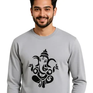 Vyretti Mens Full Sleeve Lord Ganesha T-Shirt 100% Cotton Regular Fit Grey