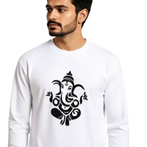 Vyretti Mens Full Sleeve Lord Ganesha T-Shirt 100% Cotton Regular Fit white