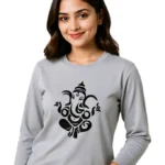 Womens Full Sleeve Ganesha Design T-Shirt 100% Cotton Regular Fit Grey