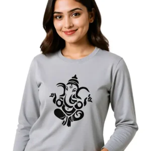 Womens Full Sleeve Ganesha Design T-Shirt 100% Cotton Regular Fit Grey