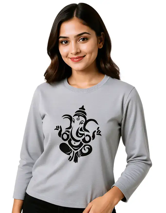 Womens Full Sleeve Ganesha Design T-Shirt 100% Cotton Regular Fit Grey Womens Full Sleeve Ganesha Design T-Shirt 100% Cotton Regular Fit Grey