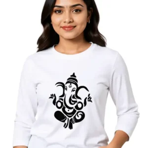 Womens Full Sleeve Ganesha Design T-Shirt 100% Cotton Regular Fit white