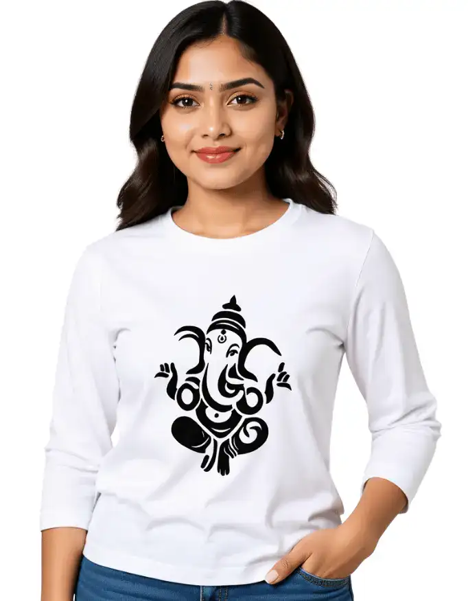 Womens Full Sleeve Ganesha Design T-Shirt 100% Cotton Regular Fit white Womens Full Sleeve Ganesha Design T-Shirt 100% Cotton Regular Fit white