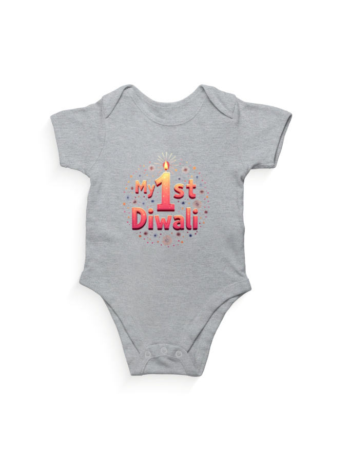 Front_1_c_4.jpg My 1st Diwali Kids Romper | Soft Cotton Baby Outfit for Festival - Grey Melenge