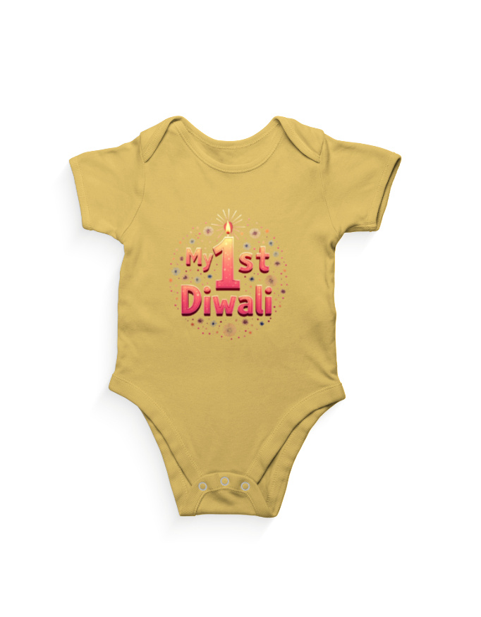 Front_1_c_7.jpg My 1st Diwali Kids Romper | Soft Cotton Baby Outfit for Festival - Yellow