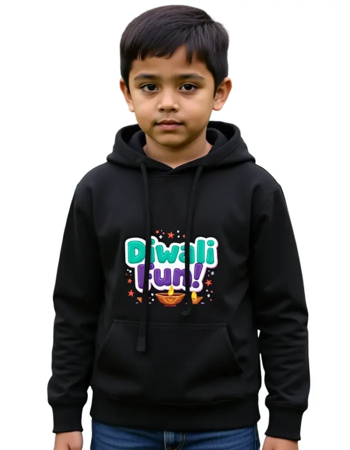 Kids _Diwali Fun!_ Hoodie – Cozy Cotton Diwali Sweatshirt for Boys & Girls Black
