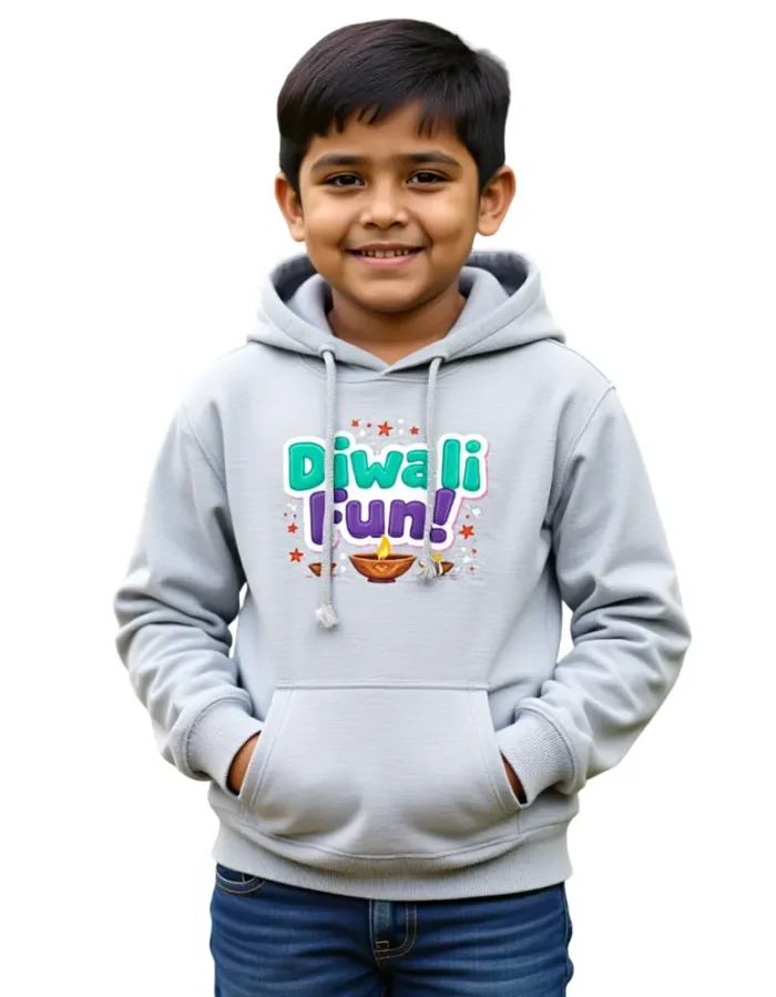 Kids _Diwali Fun!_ Hoodie – Cozy Cotton Diwali Sweatshirt for Boys & Girls - Grey Melange