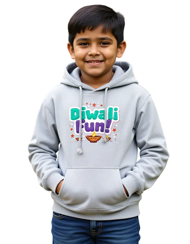Kids _Diwali Fun!_ Hoodie – Cozy Cotton Diwali Sweatshirt for Boys & Girls - Grey Melange Kids _Diwali Fun!_ Hoodie – Cozy Cotton Diwali Sweatshirt for Boys & Girls - Grey Melange
