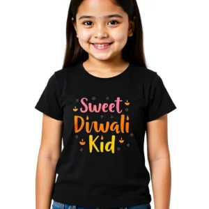 Sweet Diwali Kid Girls T-Shirt – 100% Cotton, Festive Diwali Tee Black