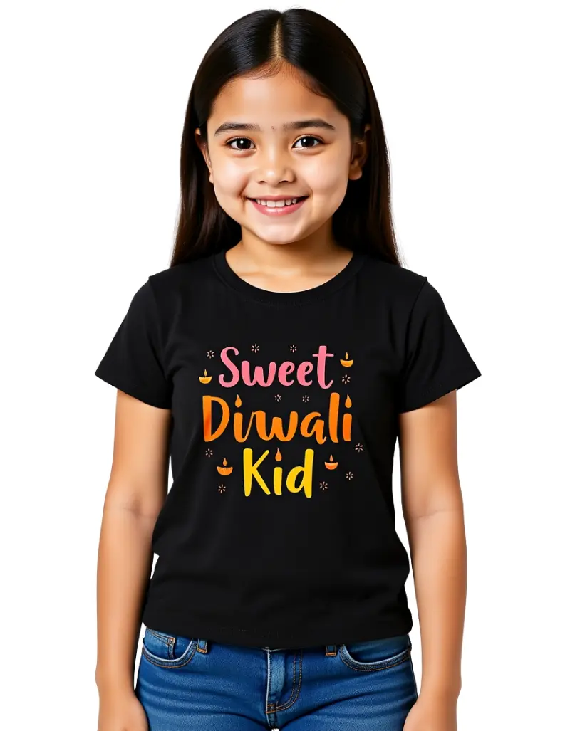 Sweet Diwali Kid Girls T-Shirt – 100% Cotton, Festive Diwali Tee Black Sweet Diwali Kid Girls T-Shirt – 100% Cotton, Festive Diwali Tee Black