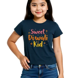Sweet Diwali Kid Girls T-Shirt – 100% Cotton, Festive Diwali Tee Navy Blue