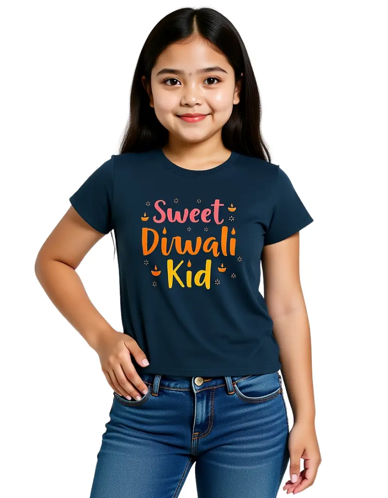 Sweet Diwali Kid Girls T-Shirt – 100% Cotton, Festive Diwali Tee Navy Blue Sweet Diwali Kid Girls T-Shirt – 100% Cotton, Festive Diwali Tee Navy Blue