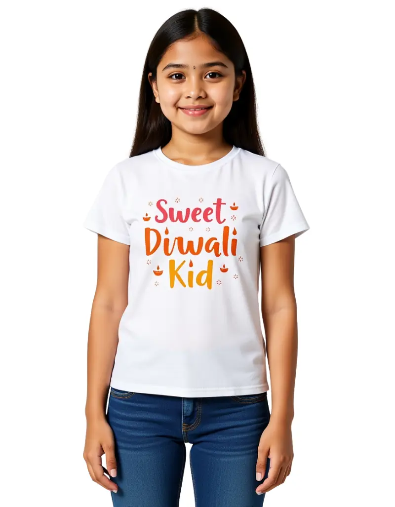 Sweet Diwali Kid Girls T-Shirt – 100% Cotton, Festive Diwali Tee White Sweet Diwali Kid Girls T-Shirt – 100% Cotton, Festive Diwali Tee White