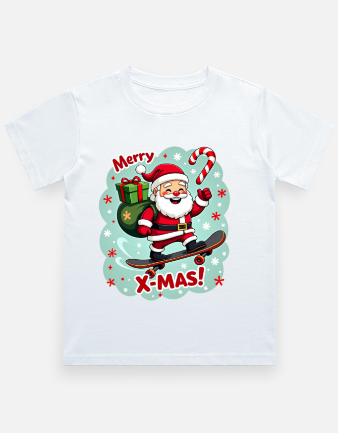 Front_1_c_1.jpg Merry X-Mas Santa Skateboard Boys Christmas T-Shirt - White