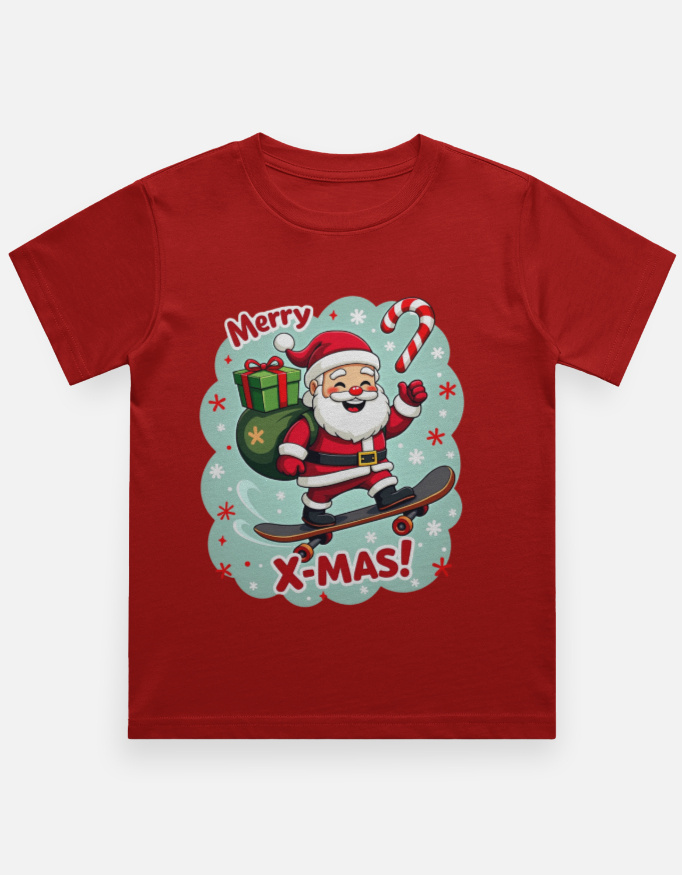Front_1_c_10-1.jpg Merry X-Mas Santa Skateboard Boys Christmas T-Shirt - Red