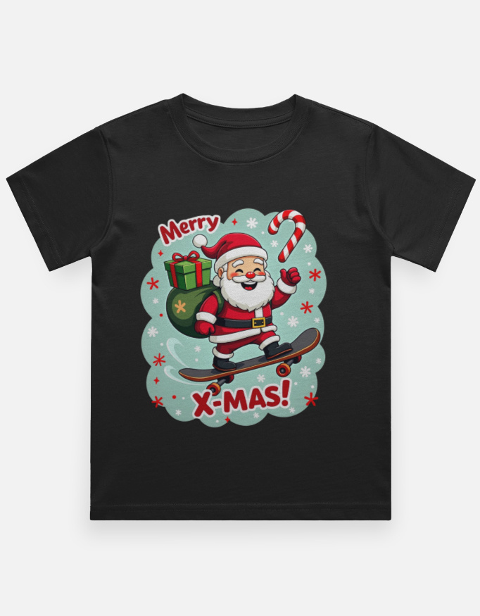 Front_1_c_2.jpg Merry X-Mas Santa Skateboard Boys Christmas T-Shirt - Black