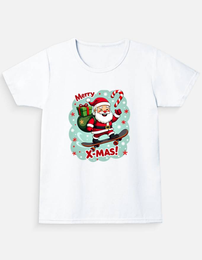 Front_1_c_1.jpg Merry X-Mas Santa Skateboard Girls Christmas T-Shirt