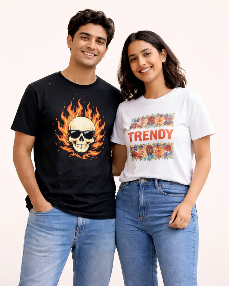 Stylish men and women wearing graphic t-shirts with modern designs