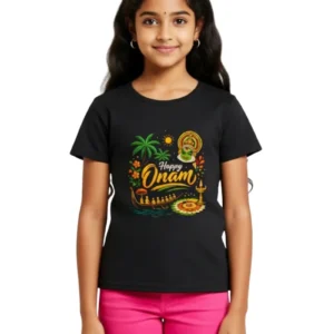 Happy Onam Graphic Black T-Shirt for Girls