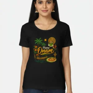 Happy Onam Graphic Black T-Shirt for Women