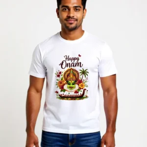 Happy Onam Kathakali Graphic White T-Shirt for Men | Kerala Festival Cotton Tee