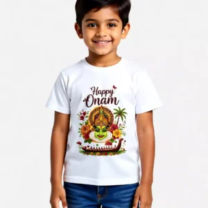 Happy Onam Kathakali Graphic White T-Shirt for Boys | Kerala Festival Cotton Tee